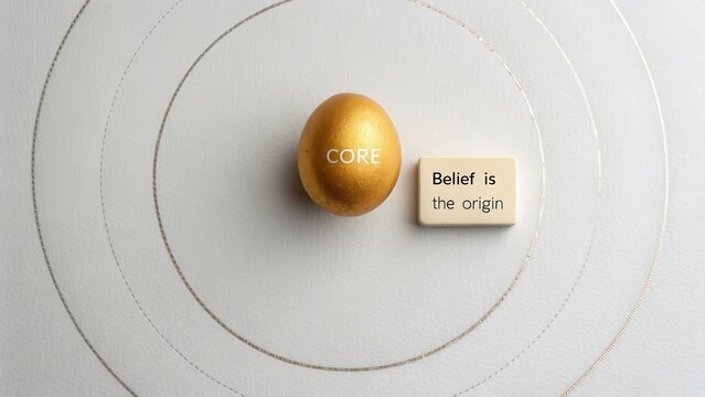 Golden core belief originating from a central point, depicted with minimalist lines and text