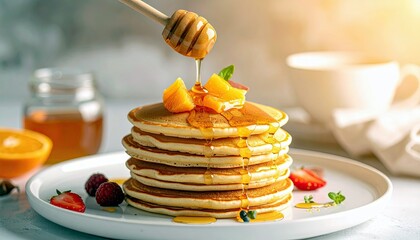 A delicious stack of pancakes is being drizzled with golden honey, garnished with fresh fruit and served with a side of berries and a cup of coffee.