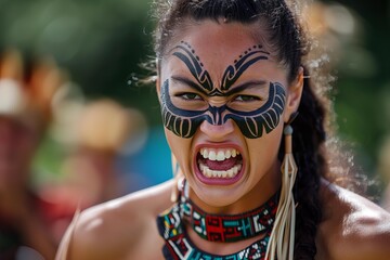 Maori woman performing a haka, a traditional ancestral war cry, with traditional face paint