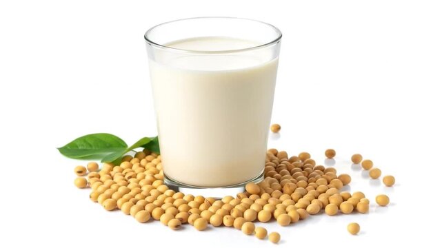 Soy milk in glass with soybeans on white.