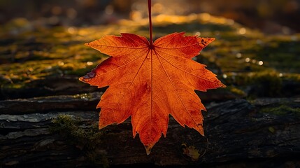 Close up of a single orange maple leaf hanging in the air with a blurred background in autumn season