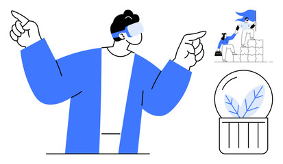 Individual using VR headset gesturing, teamwork depicted with collaboration blocks, and plant illustration in a glass dome. Ideal for technology, innovation, teamwork, collaboration, green solutions