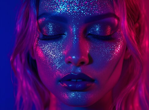 Close up portrait of a woman with shimmering glitter makeup illuminated by neon blue and pink lights creating a dramatic futuristic aesthetic