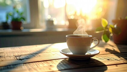 A white cup of hot coffee sits on a saucer on a rustic wooden table, with steam rising into the bright morning sun.