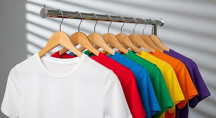 Obraz premium Colorful t-shirts hanging on a rack, representing diversity and inclusion