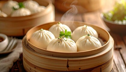 A close-up shot of freshly steamed bao buns arranged in bamboo steamers, emitting wisps of steam, suggesting a warm and inviting culinary experience.