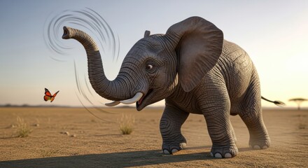 Obraz premium Young elephant approaches small flying insect with raised trunk in dry savanna landscape