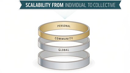 Three Metallic Rings Illustrating Personal Community and Global Scalability Growth and Development