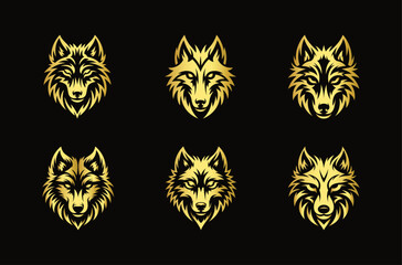 Set of Golden wolf head, Stylized tribal vector designs perfect for logos, emblems, tattoos, branding, esports graphics