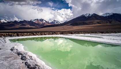 A serene landscape featuring a bright green salt lake with a perfect reflection of snow-capped mountains and a dramatic sky.