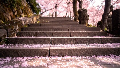 A stone staircase is covered with fallen pink cherry blossom petals, leading upwards towards blooming trees.