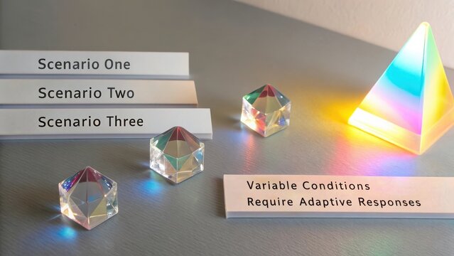 Geometric crystal prisms refracting vibrant light spectrums on a clean surface