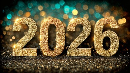 Sparkling gold 2026 digits with teal bokeh, Glitter 2026 numbers over turquoise festive lights