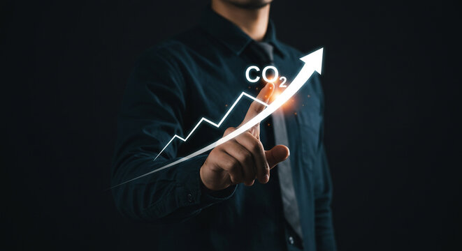 Businessman analyzes rising CO2 emissions graph, forecasting environmental impact and future challenges for sustainability initiatives.