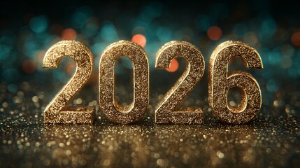 Glitter gold 2026 digits with soft teal lights, Shiny 2026 numbers against turquoise bokeh glow