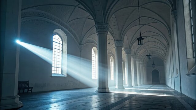 Grand historical hall with ethereal light rays streaming through arched windows illuminating a vast interior space - Powered by Adobe