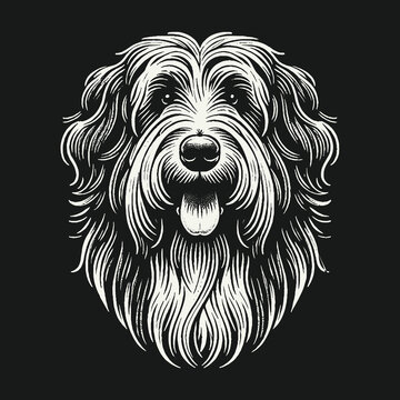 Stylized Shaggy Dog Portrait Black and White Illustration.