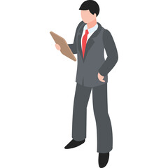 Business Man In Gray Suit And Red Tie Standing Holding Document With Transparent Background