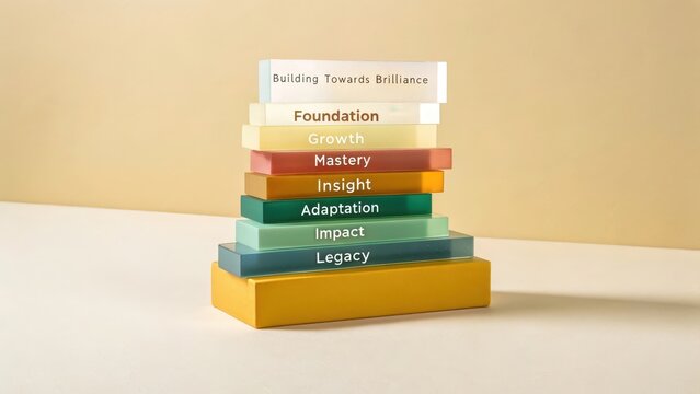 Stacked translucent colored glass blocks with motivational words represent sequential growth and success