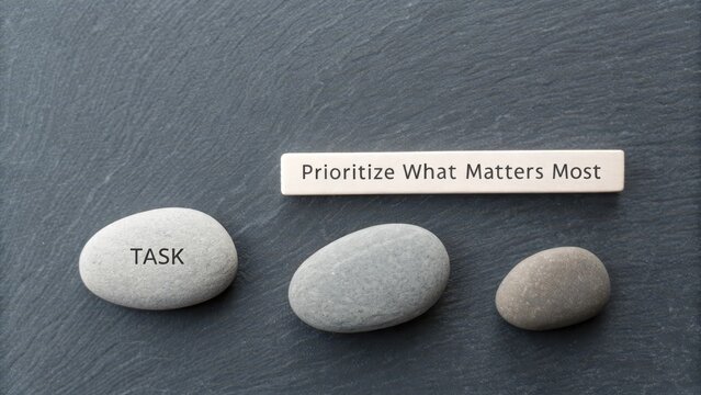 Three Distinct Gray Pebbles With 'ASK' and 'Prioritize What Matters' Inscribed on a Slate Surface Representing Strategic Focus