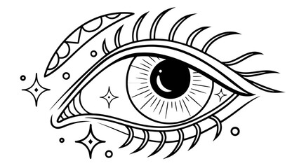 Detailed line art illustration of a mystical eye with stars and decorative eyebrow design element