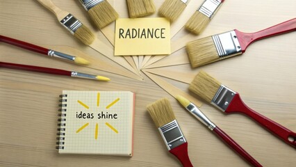 Painting brushes arranged in a starburst pattern around the word Radiance, with a notebook displaying ideas shine