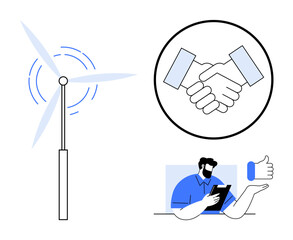 Wind turbine, handshake circle for partnership, person using tablet with thumbs-up. Ideal for teamwork, sustainable energy, eco-innovation, business deals, tech solutions, trust-building simple flat