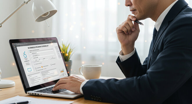 Focused businessman in suit thoughtfully reviews financial data on laptop screen during productive workday in modern office setting