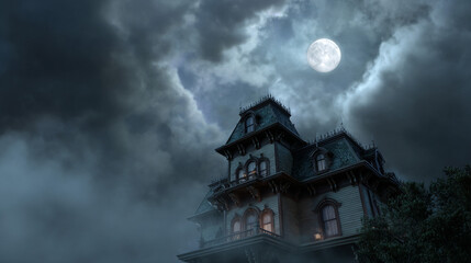 Haunted mansion at night full moon spooky fog.