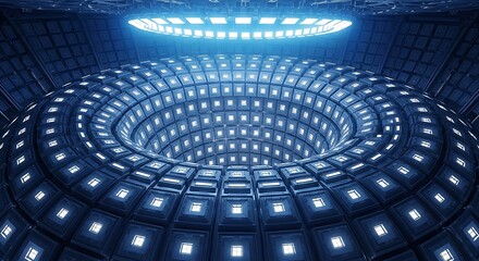 Futuristic blue glowing toroidal fusion reactor interior with bright circular light above
