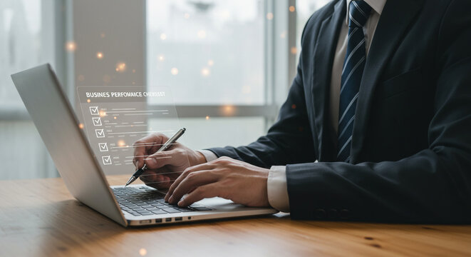 Professional executive meticulously reviewing business performance checklist on a digital interface, optimizing strategy.