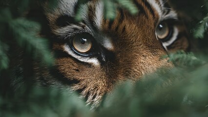 Close-up shot of tiger eyes hidden behind leaves