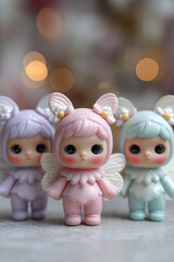 Fototapeta premium Three cute pastel fairy dolls with wings and bunny ears standing indoors with bokeh lights, whimsical toy concept