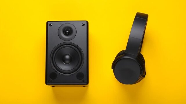 Speaker  Headphones on Yellow Background.