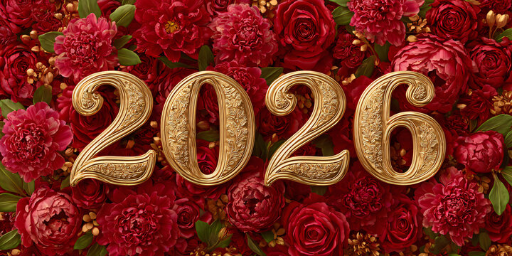 Golden 2026 New Year with Red Roses and Peonies Elegant floral background with ornate gold numbers for happy new year celebration and festive holiday season