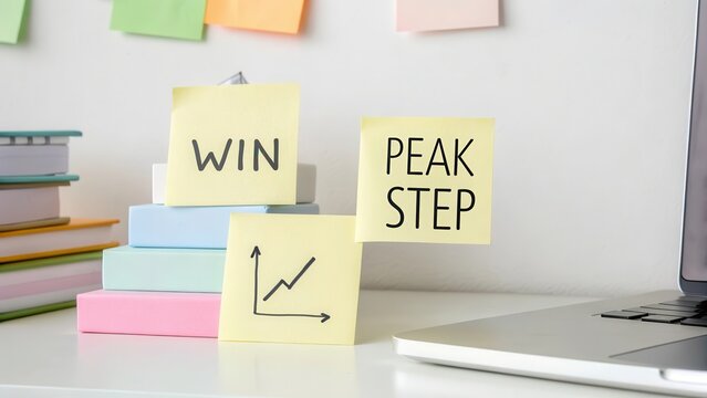 Yellow sticky notes on a clean office desk display 'WIN', 'PEAK STEP', and a growth chart representing business success and strategic planning.
