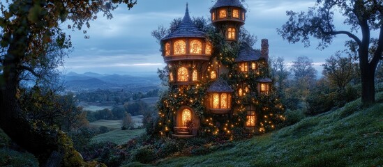 Fototapeta premium Enchanted Forest Dwelling with Warm Glowing Windows and Twinkling Lights at Dusk