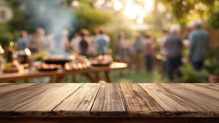 A wooden table in the foreground with a blurred scene of a social gathering in a backyard during a daytime celebration
