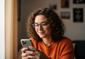 Young woman with curly hair wearing glasses uses smartphone indoors