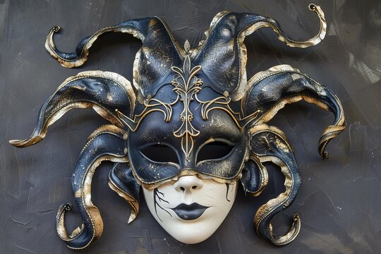 Venetian mask with black and gold decorations and horns, placed on a gray background, representing traditional carnival celebrations