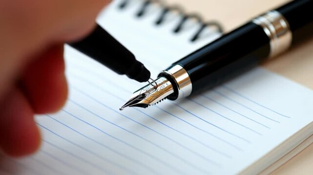 Hand touching fountain pen nib resting on a spiral bound notebook close up view