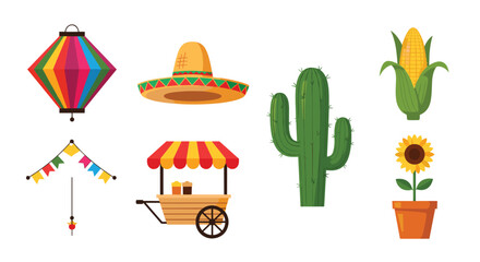 Collection of colorful festive Mexican-themed elements including a lantern, sombrero, cactus, and food cart.