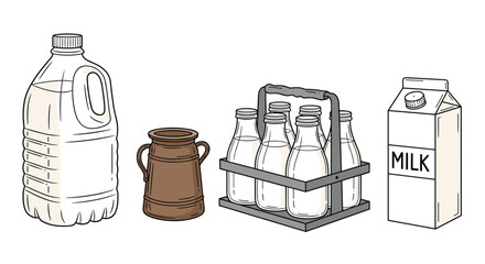 Collection of various milk containers, including a jug, bottles in a caddy, and a carton.
