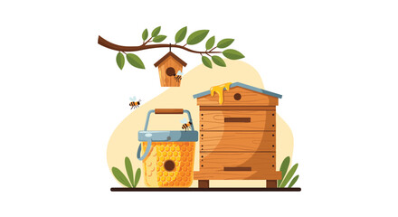 Illustration of a beehive and honey bucket with bees flying around on a white background.