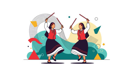 Two women in traditional Indian attire performing Garba dance with sticks.