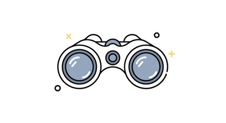 Flat icon of white binoculars with blue lenses and a gray focus wheel, set against a white background with yellow and black accents.