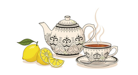 Decorative teapot and cup of tea with lemons and spoon on saucer.