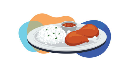 Illustration of a plate of food with rice, chicken legs, and dipping sauce.