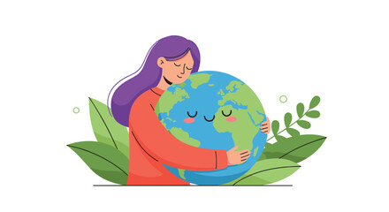 A person with purple hair hugs the Earth, symbolizing environmental care and conservation.