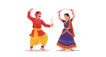 A man and a woman in traditional Indian attire performing Garba dance with sticks.